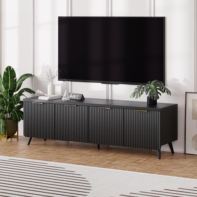 TV Stand for Living Room, Fluted Television Cabinet with 4 Stripe Doors, Modern Entertainment Center for 55/60/65 inch TV, Media Console with Wooden Legs & Metal Handles, Black