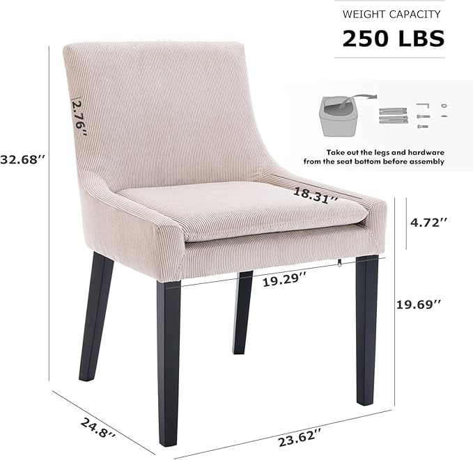COLAMY Modern Dining Chairs Set of 2, Upholstered Corduroy Accent Side Leisure Chairs with Mid Back and Wood Legs for Living Room/Dining Room-Beige