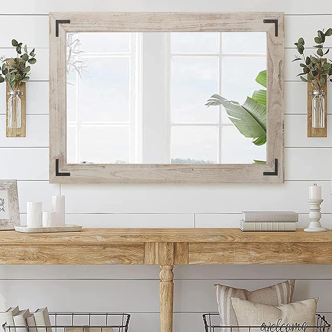 YOSHOOT Rustic Wooden Framed Wall Mirror, Natural Wood Bathroom Vanity Mirror for Farmhouse Decor, Vertical or Horizontal Hanging, 53" x 28", Grey