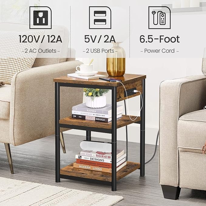 TUTOTAK End Table with Charging Station, Nightstand, 3-Tier Couch Side Table with USB Ports and Outlets, Bedside Table for Small Space, Living Room TB01BB026