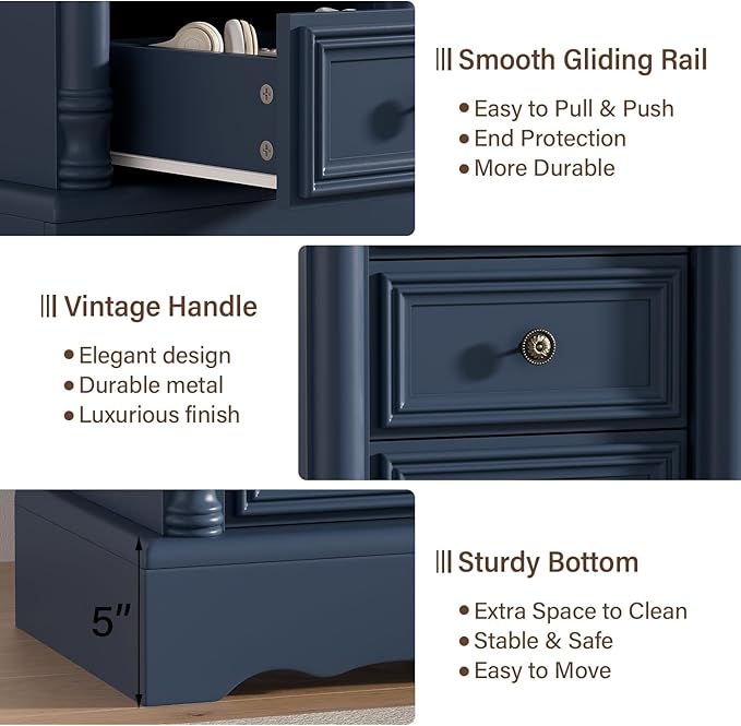Nightstand with 3 Drawers, Rustic Night Stand 18' Wide Side Table with Storage, Mid-Century Modern Couch End Table with Vintage Handles, Small Dresser for Bedroom, Living Room, Indigo Blue