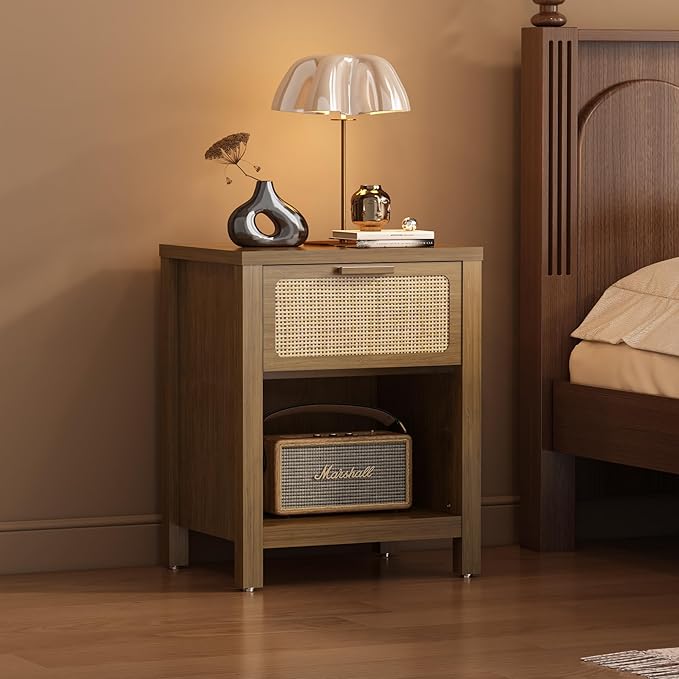 Rattan Nightstand, Mid Century Modern Bedside Table with Opening Storage,Large Side Table with Drawer,Boho Night Stand,Wooden End Table,Handmade Solid Wood Handle,Walnut CTG65BR