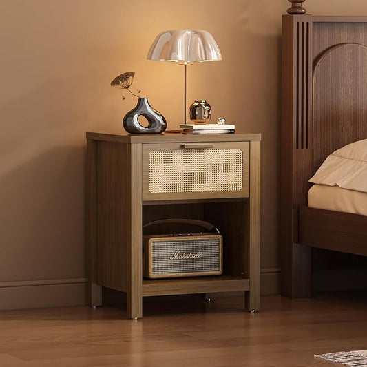 Rattan Nightstand, Mid Century Modern Bedside Table with Opening Storage,Large Side Table with Drawer,Boho Night Stand,Wooden End Table,Handmade Solid Wood Handle,Walnut CTG65BR
