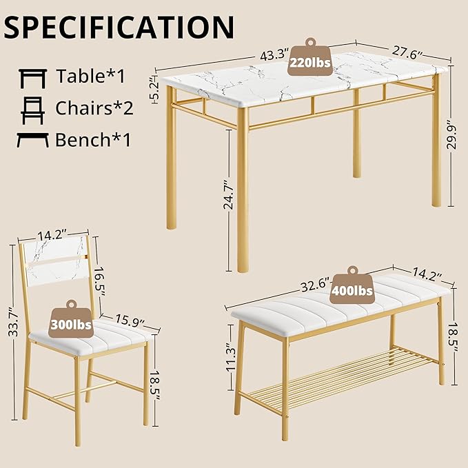 IRONCK Dining Table Set for 4, Kitchen Table with Upholstered Bench and 2 Chairs, Kitchen Table and Chairs Set for Small Space, Apartment, White & Gold