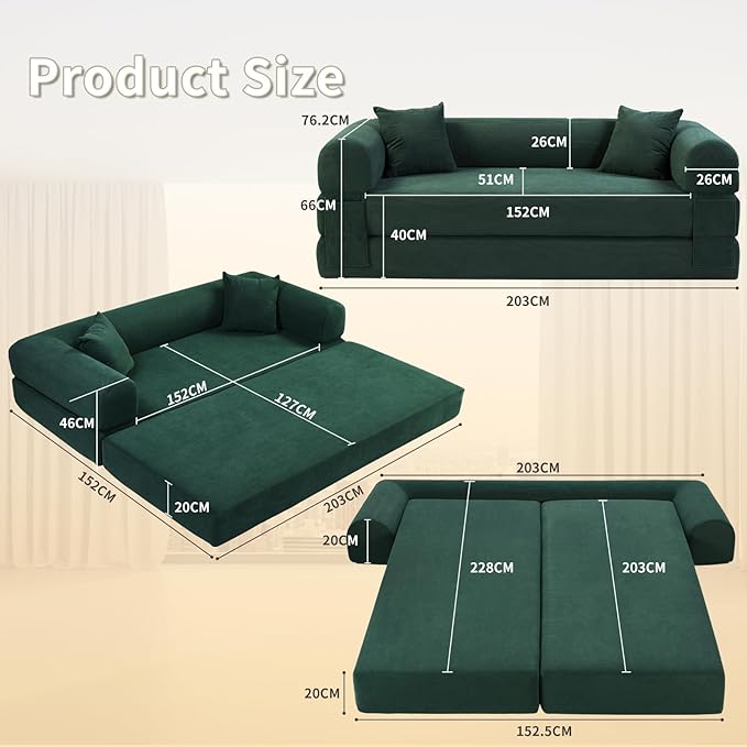 80" Convertible Sofa Bed, 3-in-1 Corduroy Folding Pull Out Couch with Pillows, No Assembly Modern Boneless Couch Compression Sofa in Box, Floor Sofa with Side Storage Pocket for Living Room,Dark Green