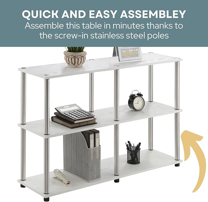 Convenience Concepts Designs2Go No Tools 3 Tier Wide Console Table 42" - Modern Multipurpose Accent with Shelves for TV Media Center, Office Desk Extension, Entryway Display, & Home Storage, White