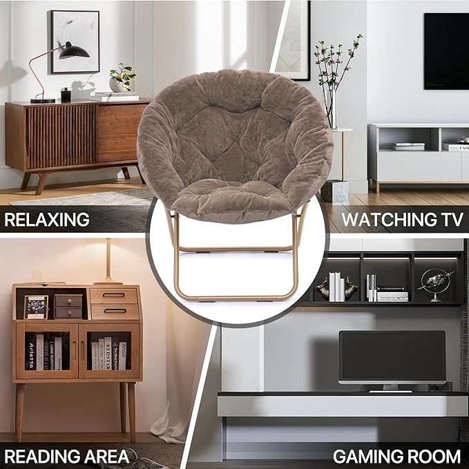 MoNiBloom Round Folding Faux Fur Saucer Chair for Bedroom Living Room Dorm Foldable Metal Frame Oversized Large Comfy Furry Padded Soft Cozy Moon Chair with Footrest Ottoman for Adults (Beige)