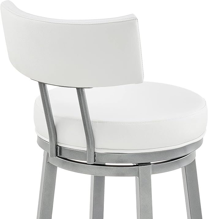 Armen Living Dalza Swivel Counter or Bar Stool in Cloud Finish with White Faux Leather