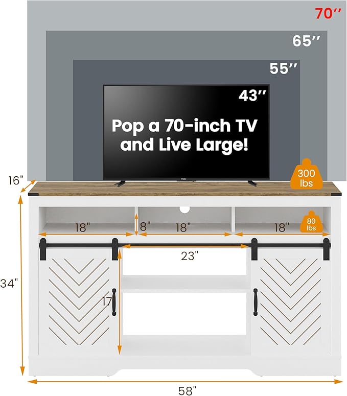RoyalCraft Farmhouse Fireplace TV Stand for 65+ TV, Entertainment Center with 23" Electric Fireplace with Remote, 34" Tall Modern Rustic TV Console with Sliding Bar Door for Living Room, Antique White