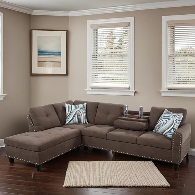 L-Shaped Sectional Sofa, Modern Sectional Couches Home Sofas for Living Room with Movable Chaise, Modular Living Room Sets Furniture for Apartment Bedroom & Office, Brown