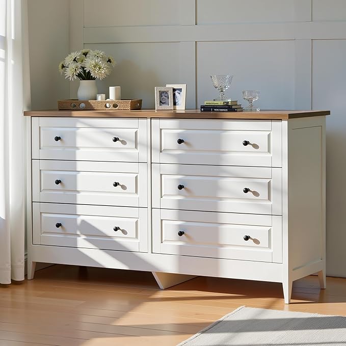 Farmhouse 6 Drawers Dresser for Bedroom, 55.5" Wide Wood Chest of Drawers with Metal Handle, Tall Storage Dressers Organizer for Living Room, Hallway, Ivory White