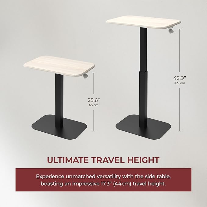 Ergohome™ ELEVANCE Table™ Effortless Height Adjustable Side Table for Couch Bed, Laptop Table - Small End Table Office Coffee Table - Superior Stability Sofa Side Table (Black Base & Washed Oak Top)