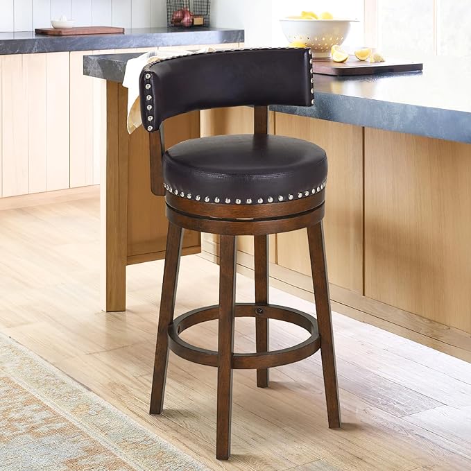 COLAMY Swivel Bar Stools Set of 2, 30 Inch Swivel Bar Height Bar Stools, Wood Swivel Barstools with Back, Modern Upholstered Wooden Barstools for Kitchen Island Dining Room Bar, Dark Brown