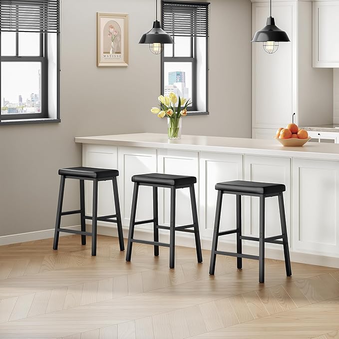 HOOBRO Bar Stools, 24" Set of 2 Bar Chairs, PU Leather Upholstered Breakfast Stools, Easy Assembly, Suitable for Kitchen, Bar, Dining Room, Black BB01MD01