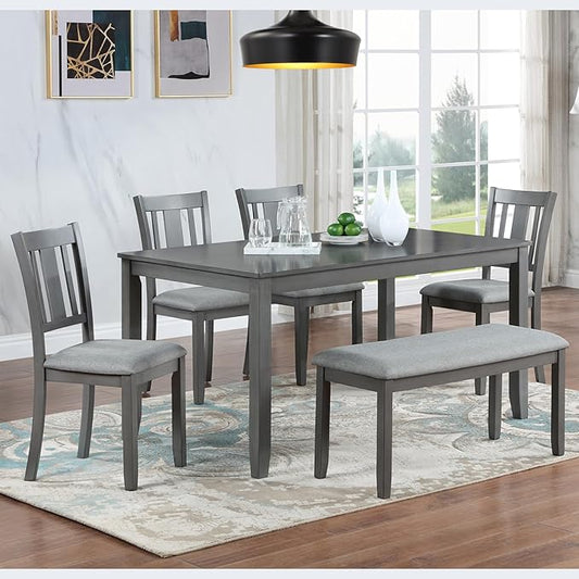 KEIKI 6-Piece Standard Height Dining Table Set with Rectangular Table, 4 Upholstered Slatted Backrset Chair, Bench, for 6 Person, Modern Style Table Set, Easy Assembly, for Kitchen, Dining Room, Gray