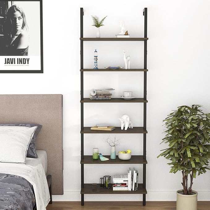 Ladder Shelf Black 6 Tiers Modern Bookshelf Room Organizer Open Tall Wall Mount Bookcase Standing Leaning Wall Shelves Industrial Decorative Living Room Bed Room (Brown)