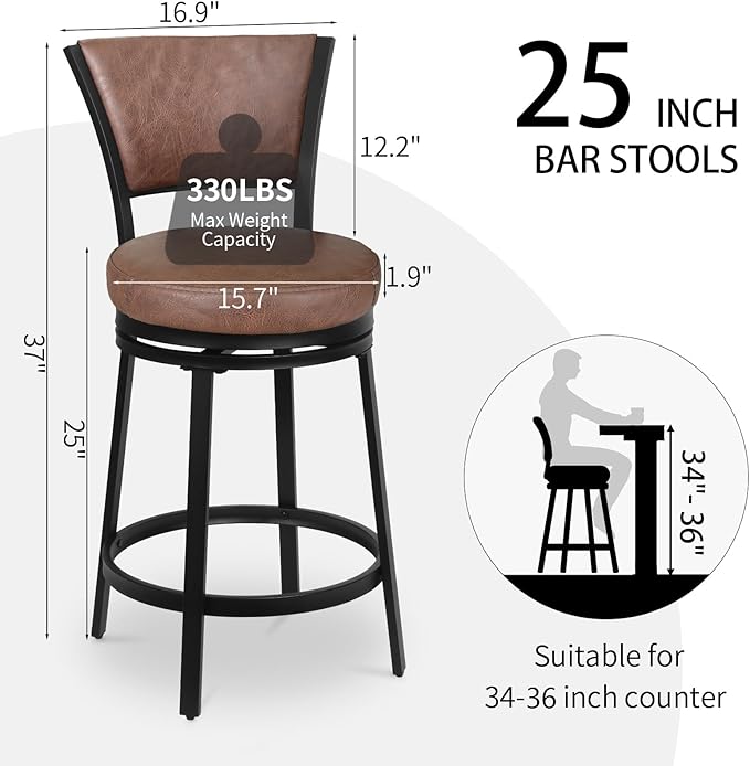 Bar Stools, Counter Height Barstools Set of 2, 25" Faux Leather Metal Round Swivel Bar Chairs with Back, Modern Upholstered Counter Stools for Kitchen Island, Brown