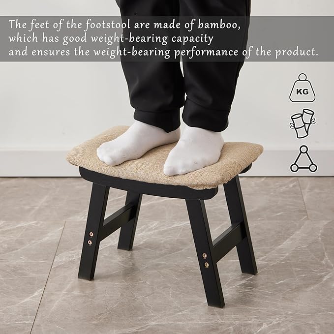 Foot Stool,Ottoman,Bamboo Small Sofa Foot Rest Under Desk,Extra Seating for Living Room, Bedroom and Kitchen (Black Stool Legs - Beige Surface)