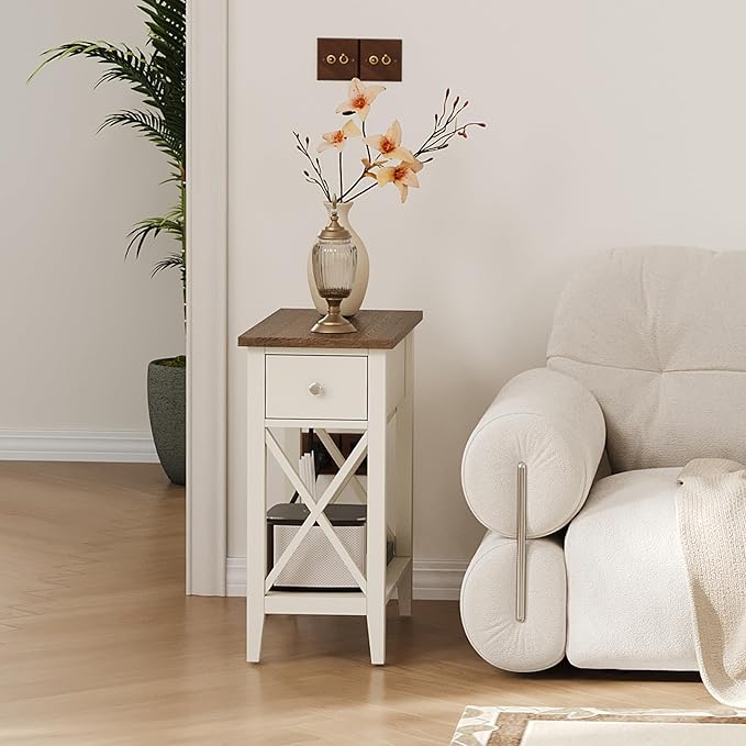 ChooChoo End Table Set of 2 with Charging Station, Narrow End Table with USB Ports and Outlets, Small Side Table Nightstand with Drawer for Living Room, Bedroom, Soft White