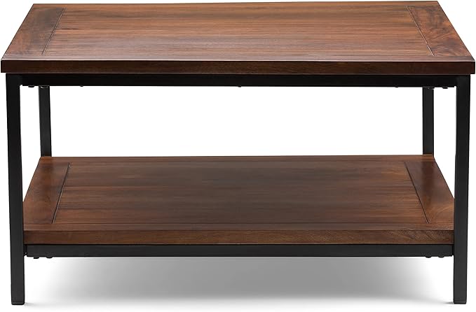 SIMPLIHOME Skyler Square Coffee Table - 34 inch Wide Solid Mango Wood and Metal Living Room Table in Dark Cognac Brown, Industrial Center Table for Family Room with Open Shelf and Black Frame