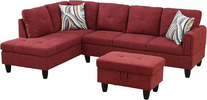 Osparple L Shaped Couch Sectional Couches for Living Room Upholstered Fluffy Fabric 3 Pieces Modular Sectional Sofa with Chaise, Ottoman with Storage for Living Room and Small Apartment, Red