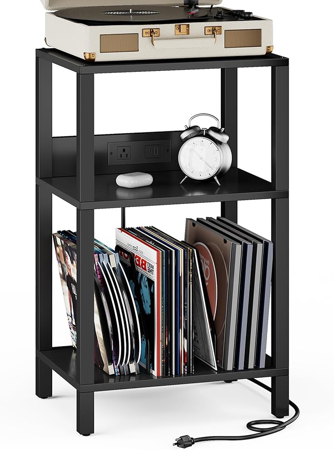 TUTOTAK Record Player Stand with Storage Up to 100 Albums，Record Storage Table,3 Tier End Table with Charging Station,Side Table for Living Room, Bedroom, Black TB01BK076
