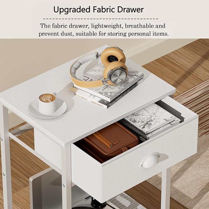 Furologee White Nightstand with Fabric Drawer, Small Side Table for Small Spaces, 2 Tiers Storage Shelves End Table, Night Stand for Living Room, Bedroom, Dorm