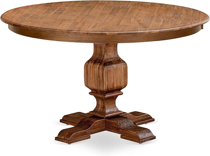 F53-0N-TP - Modern Dining Table with Acacia Wood Round Tabletop, Antique Walnut Finish