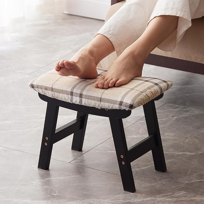Foot Stool,Ottoman,Bamboo Small Sofa Foot Rest Under Desk,Extra Seating for Living Room, Bedroom and Kitchen (Black Stool Legs - Stripes Surface)