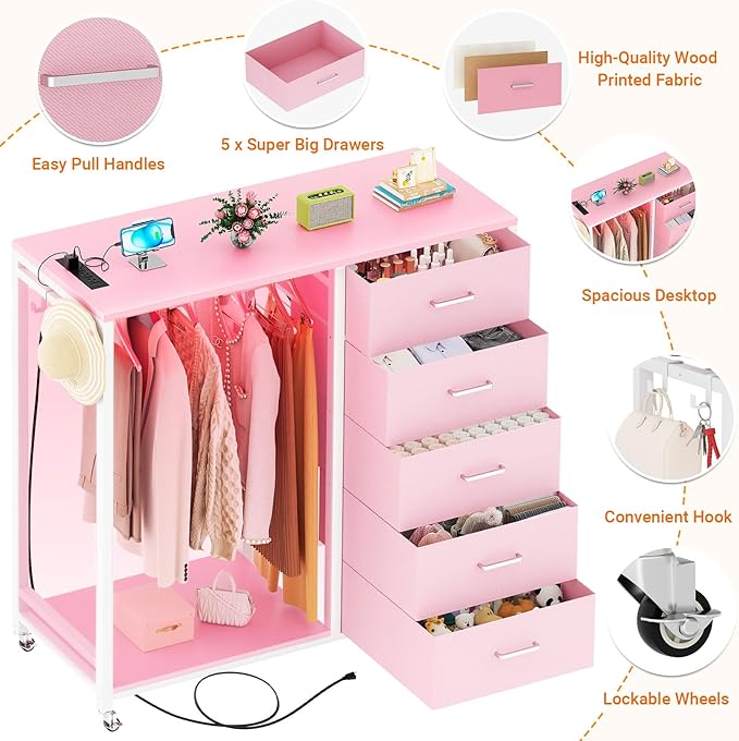 Cyclysio Dresser for Bedroom with Clothes Rack, 5 Fabric Drawers Dresser with Charging Station & LED Lights, Pink Storage Chest of Drawers with Wheels, Wooden Top, Lockable Wheels, Closet, Pink