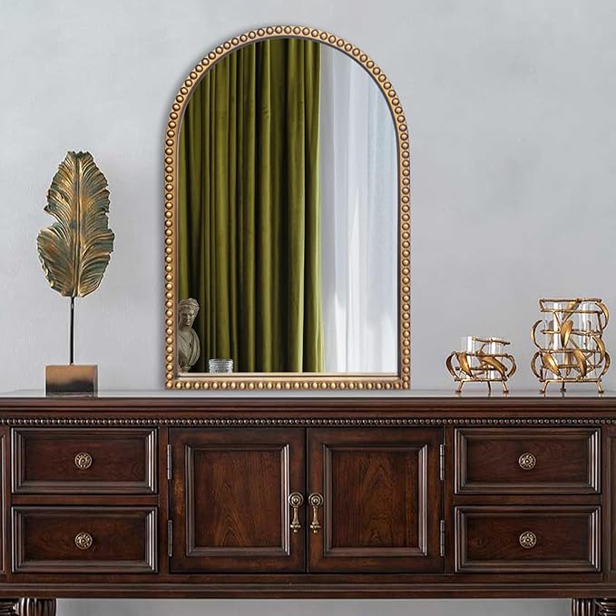Traditional Arch Mirror for Bathroom, 20" x30" Baroque Antique Gold Marlowe Mirrors Beaded Frame, Decorative Accent Vertical Vanity, Wall Decor Over Mantel Fireplace, Sofa, Entryway