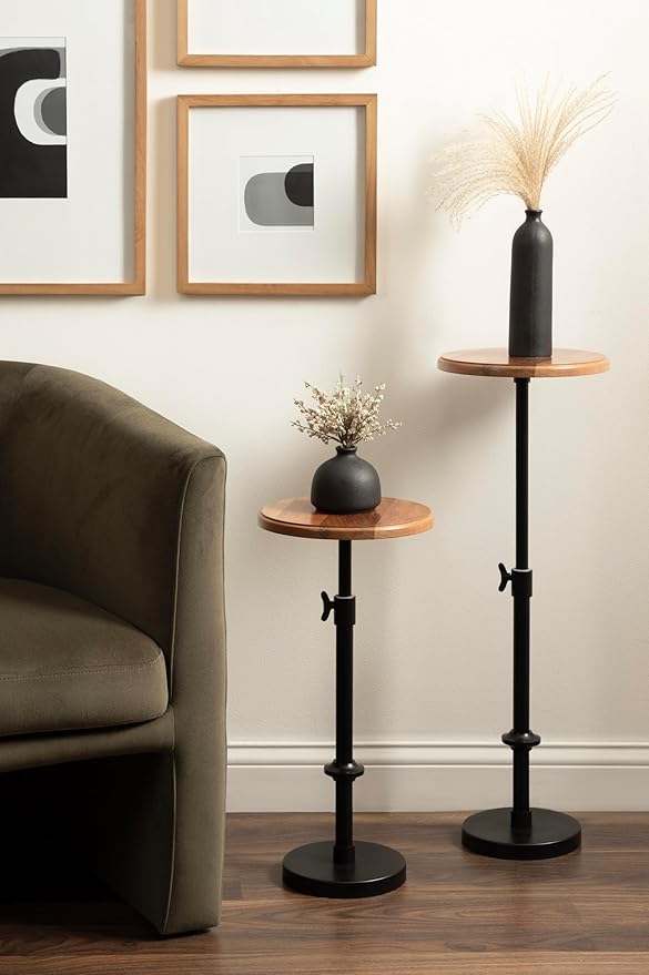 Kate and Laurel Engles Modern Adjustable-Height Pedestal Drink Table; 10 x 10 x 30; Natural Wood and Black; Transitional Round Indoor Metal Plant Stand with Solid Wood Tabletop