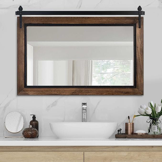 YOSHOOT Farmhouse Barn Door Mirror, 40"x26" Rustic Bathroom Mirror, Wood Frame Wall Mirror, Wooden Mirror for Living Room Bedroom Entryway Wall Décor, Horizontal Hanging ONLY