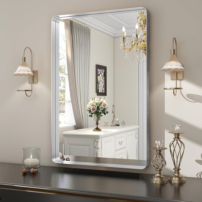 Silver Bathroom Mirror for Wall, 30x22 Inch Rectangular Aluminum Alloy Framed Mirror, Modern Wall Mounted Vanity Mirror for Bathroom, Vertical or Horizontal