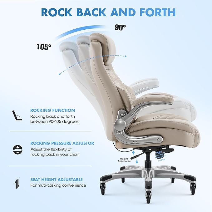 COLAMY Office Ergonomic Desk High Back Executive Chair with Pop-Out Lumbar Support, Upgraded Casters, Adjustable Headrest, Flip-Up Arms, Leather Home with Thick Cushion for Comfort - Khaki