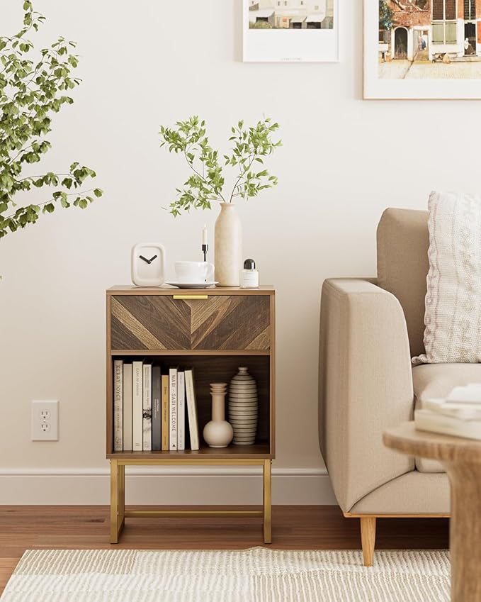 Nightstand, Boho Night Stand Wood Farmhouse Bedside Table with Storage, End Side Table for Bedroom,Living Room,Walnut