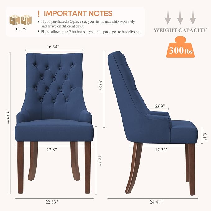 COLAMY Wingback Upholstered Dining Chairs Set of 4, Fabric Dining Room Chairs with Tufted Button, Living Room Chairs for Home Kitchen, Blue
