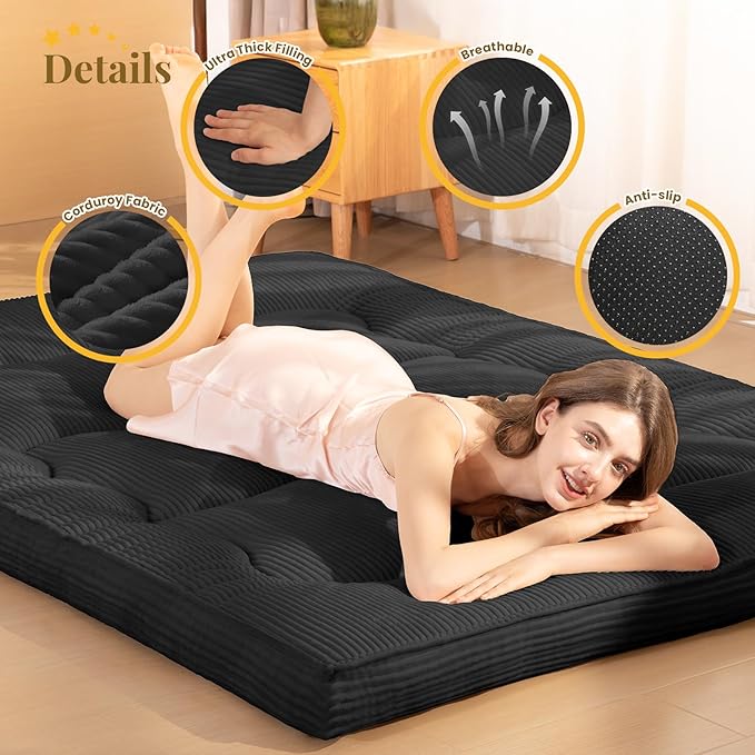 Japanese Floor Mattress, 4" Thicken Futon Mattress Queen Size Sleeping Pad, Corduroy Foldable Floor Pad, Roll Up Tatami Mat for Adults Guest Room Bedroom, Black