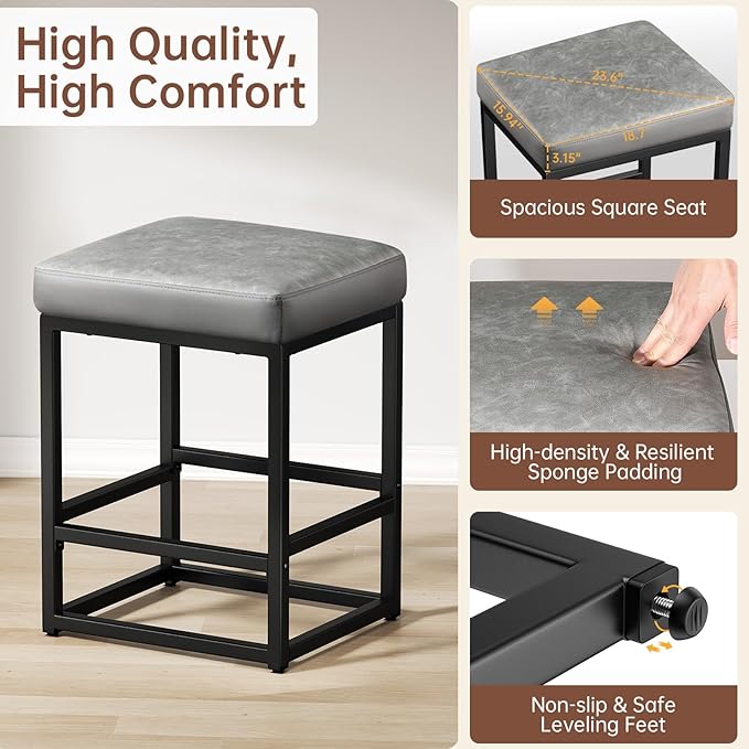 Counter Height Bar Stools Set of 3, 24" Barstools for Kitchen Countertop, Faux Leather Counter Stools with Thick Square Seats & Sturdy Metal Base, Simple Assembly, Gray