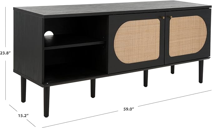 SAFAVIEH Claude TV Stand for up to 65" Flatscreen – Black, 2 Sliding Doors with Interior Storage, 2 Open Shelves, Entertainment Media Console (MED9610B)