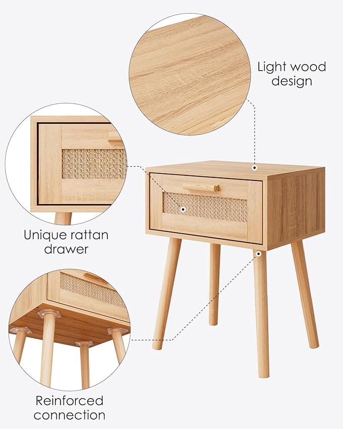 Rattan Nightstand, Small Night Stand, Side Table with Drawer Open Shelf, Cane Accent Bedside End Table with Wood Legs, Bohemian Wood Nightstand for Bedroom, Oak (Bohemian)