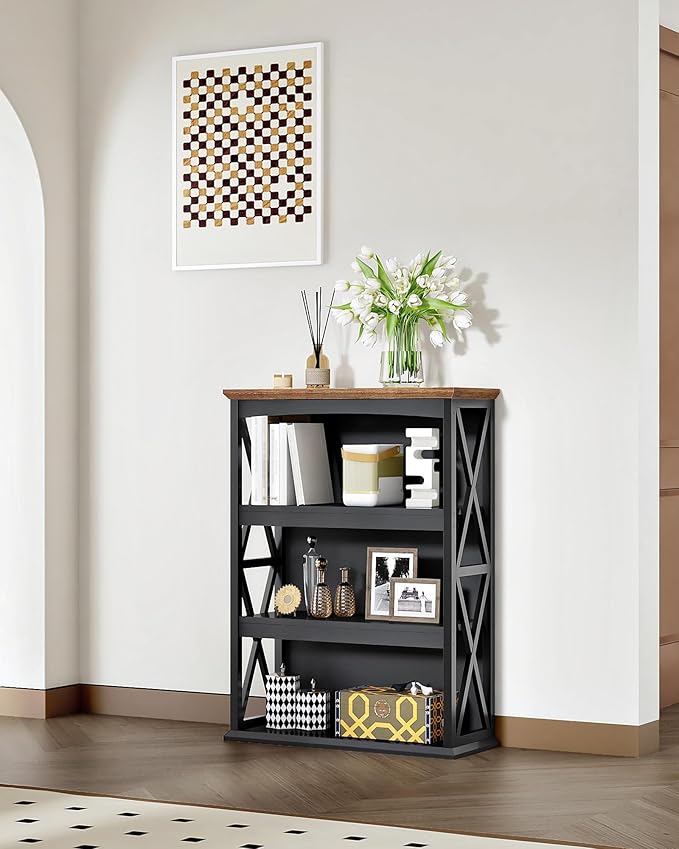 4-Tier Bookcase, 42.9" Floor Standing Organizer Shelf, Corner Book Stand, Metal Frame, for Study, Bedroom, Living Room, Black and Walnut TSJ01BL