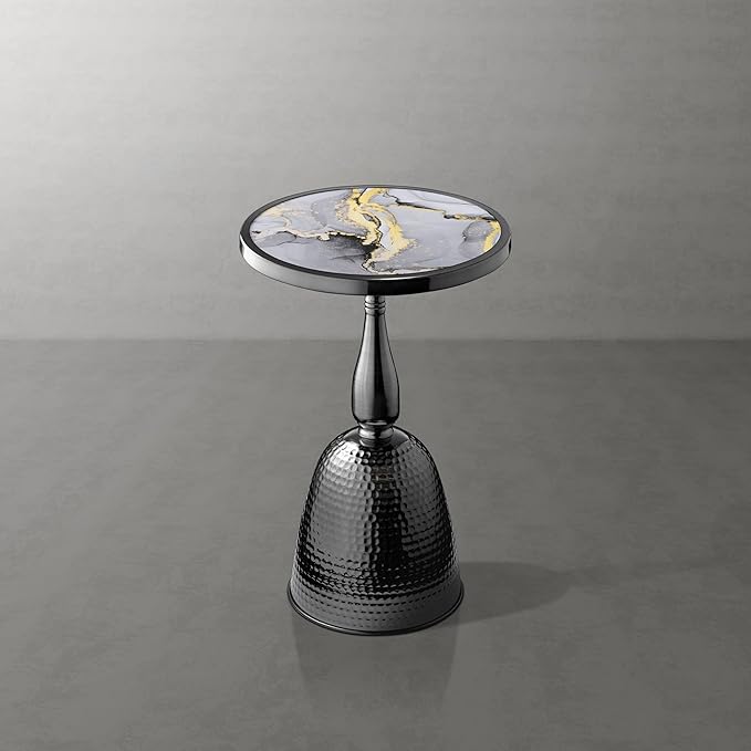 HOMES: Inside + Out Halric Modern 24" Tall Round End Table with Decorated Tabletop and Iron Metal Base, Accent Furniture, Elegant Pedestal Stand for Living Room, Home Office, Black with Faux Marble