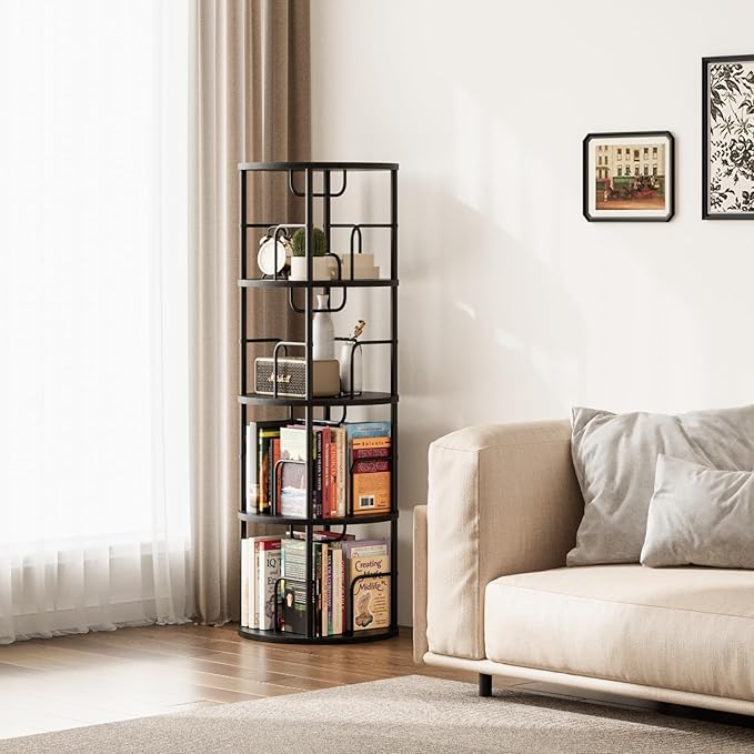 4 Tier Rotating Bookshelf, 360 Display Spinning Corner Bookshelf, Space-Saving Metal Frame Bookcase for Living Room, Office, Bedroom, Black