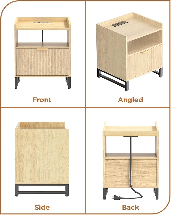 Fluted Night Stand Set 2 with Charging Station, Wood Nightstand with Large Drawer and Open Storage Cabinet, Mid-Century Modern Bedside Table End Table for Bedroom Closet Office
