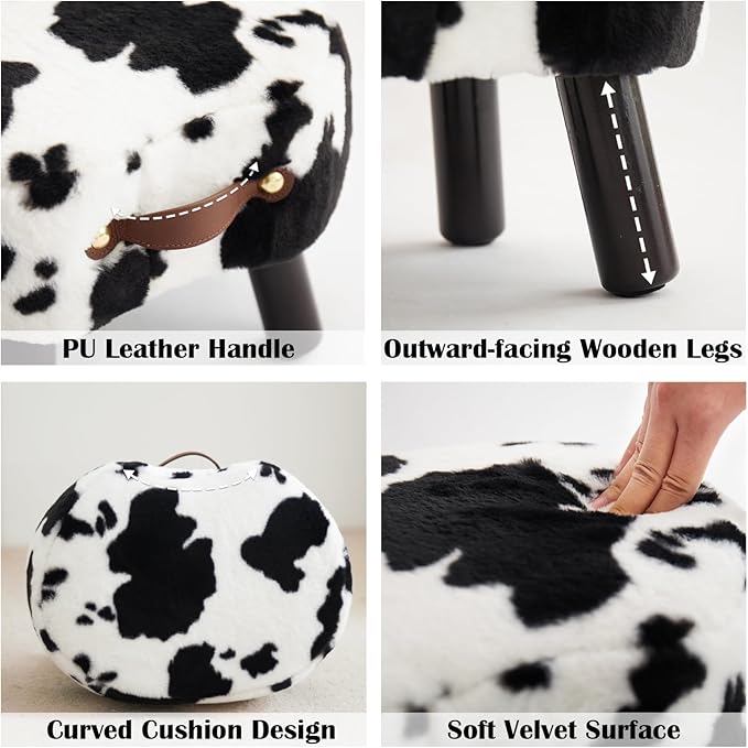 Small Footstool with Handle, Faux Fur Ottoman Foot Rest with Padded Seat, Curved Foot Stool with Wooden Legs, Portable Foot Rest for Living Room, Bedroom, Entryway, Cow