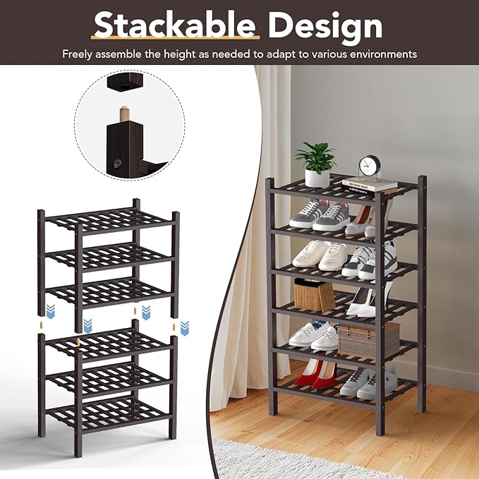 Haddockway small 3 Tier Bamboo Shoe Rack Storage Organizer, Multifunctional Free Standing Stackable Shoe Shelf with Grid Panel for Closet,Hallway,Entryway,Small Space 18"x11"x17"(Brown, 3-Tier(Small))