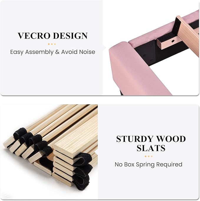 SHA CERLIN Twin Bed Frame/Velvet Upholstered Platform Bed Frame with Headboard/Strong Wood Slats Support/Mattress Foundation/No Box Spring Needed - Pink