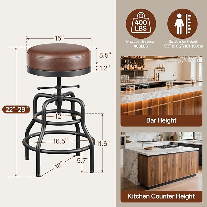 Adjustable Height Swivel Bar Stools Set of 2, 22-29 Inch Industrial Vintage Bar Counter Height Stools with Thicken Premium Bonded Leather Seats & Updated Footrests, Easy Assembly, Brown