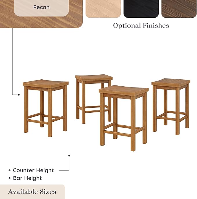 Grain & Grove Smith Collection Set of 4 Solid Wood Counter Height Bar Stools, 24-Inch Saddle Seat Backless Stools, Ideal for Kitchen Island, Dining, or Home Bar Seating, Pecan
